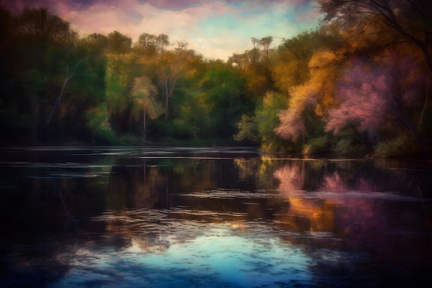 Een schilderij van een meer met bomen en de lucht is paars en oranje van kleur.