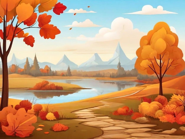 Foto een schilderij van een meer met een uitzicht op bergen en bomen