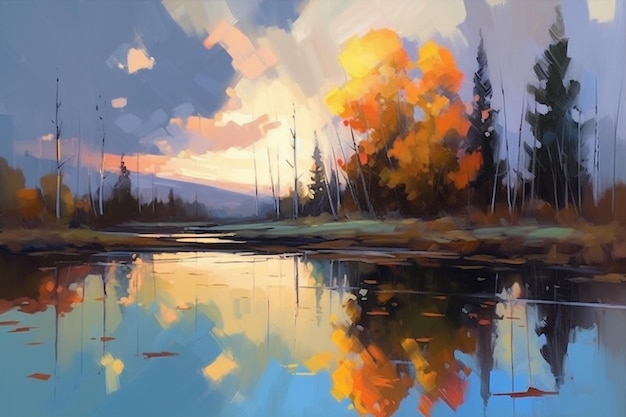 Een schilderij van een meer met een zonsondergang en bomen op de voorgrond.
