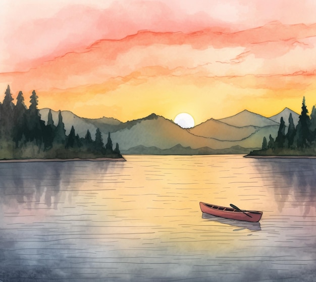 Een schilderij van een meer met een zonsondergang op de achtergrond.