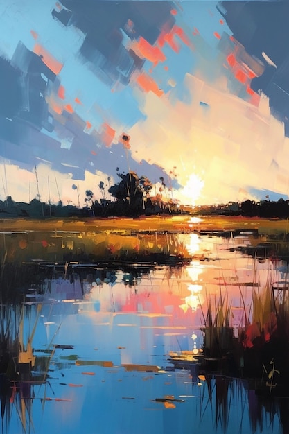 Een schilderij van een meer met een zonsondergang op de achtergrond.