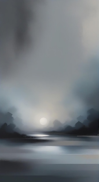 een schilderij van een meer met mist en bomen op de achtergrond