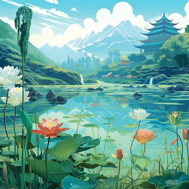 Foto een schilderij van een meer met waterlelies en een pagode op de achtergrond generatieve ai