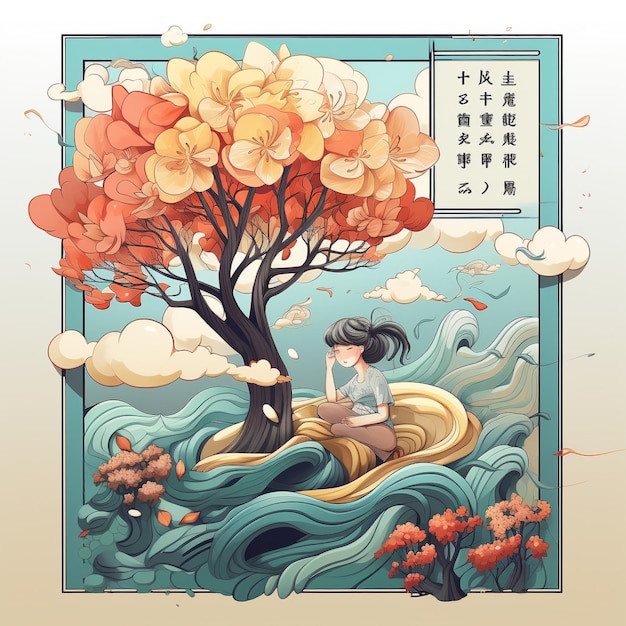 Een schilderij van een meisje dat een boek leest onder een boom