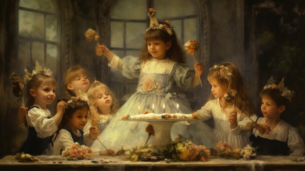 Een schilderij van een meisje in een feestjurk met bloemen op tafel.