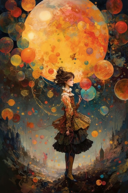 Een schilderij van een meisje met een gele ballon op de achtergrond.