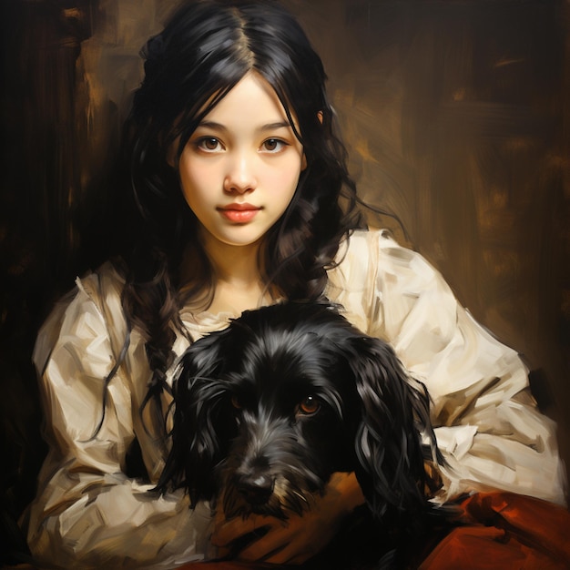 een schilderij van een meisje met een hond in haar schoot