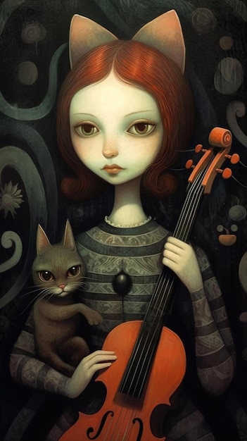 Een schilderij van een meisje met een kat en een viool.