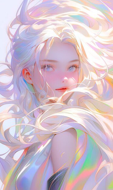 een schilderij van een meisje met lang blond haar en blauwe ogen