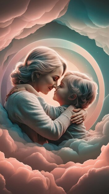 Foto een schilderij van een moeder en kind die zich kussen in de wolken