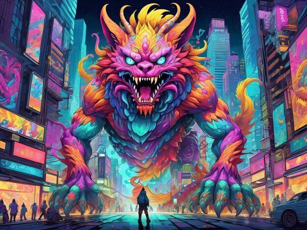 een schilderij van een monster in het midden van een stad hyperbeast ontwerp alebrijes esthetisch