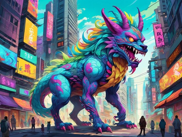 een schilderij van een monster in het midden van een stad hyperbeast ontwerp alebrijes esthetisch