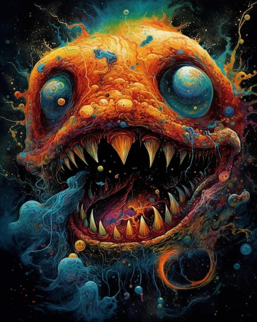 Een schilderij van een monster met een griezelig gezicht en oranje ogen.