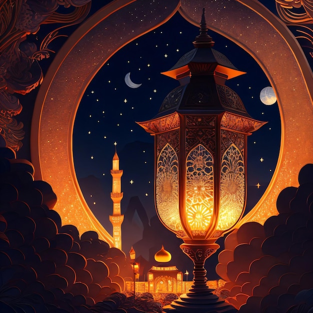 Een schilderij van een moskee en een lamp met de woorden eid al - adha erop.