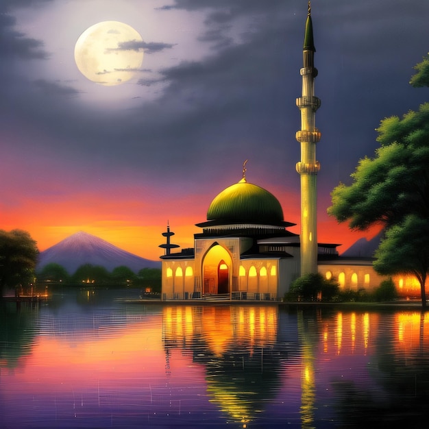 Een schilderij van een moskee met de maan op de achtergrond.