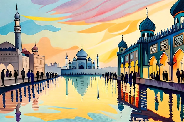 Een schilderij van een moskee met de naam Taj Mahal erop