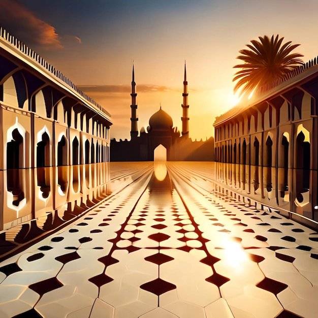 Een schilderij van een moskee met een avondrood op de achtergrond