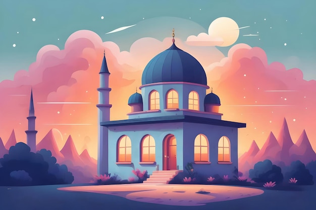 een schilderij van een moskee met een maan en wolken in de lucht