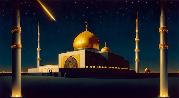 Een schilderij van een moskee met een ster op de achtergrond