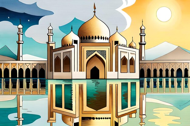 Een schilderij van een moskee met een weerspiegeling van de lucht.