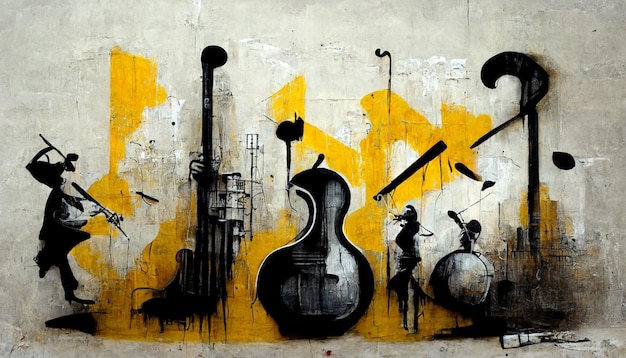 Een schilderij van een muziekinstrument met een band en een drumstel.