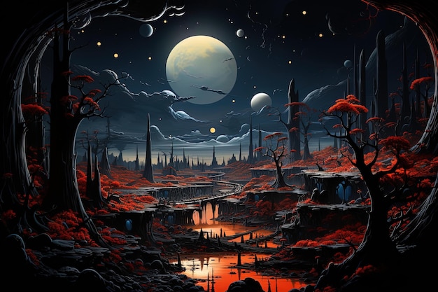 Foto een schilderij van een nachtelijke scène met een meer en een maan