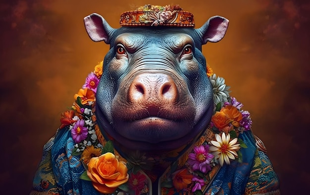 Een schilderij van een nijlpaard met een bloemenkroon.