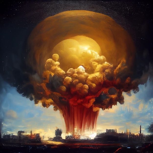 Een schilderij van een nucleaire explosie met een luchtachtergrond en een rookwolk.