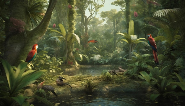 Een schilderij van een oerwoudtafereel met dinosaurussen op de voorgrond.