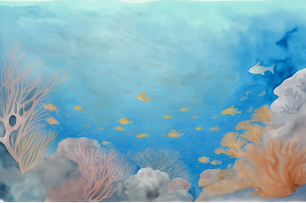 Een schilderij van een onderwaterbeeld met koralen en vissen