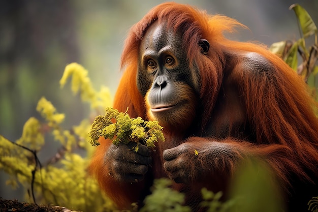 Een schilderij van een orang-oetan in een jungle met bladeren en een boom op de achtergrond