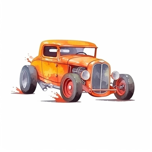 Een schilderij van een oranje hot rod met een rode verflaag.