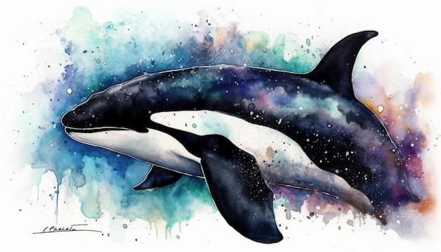 Een schilderij van een orka met een blauwe achtergrond.