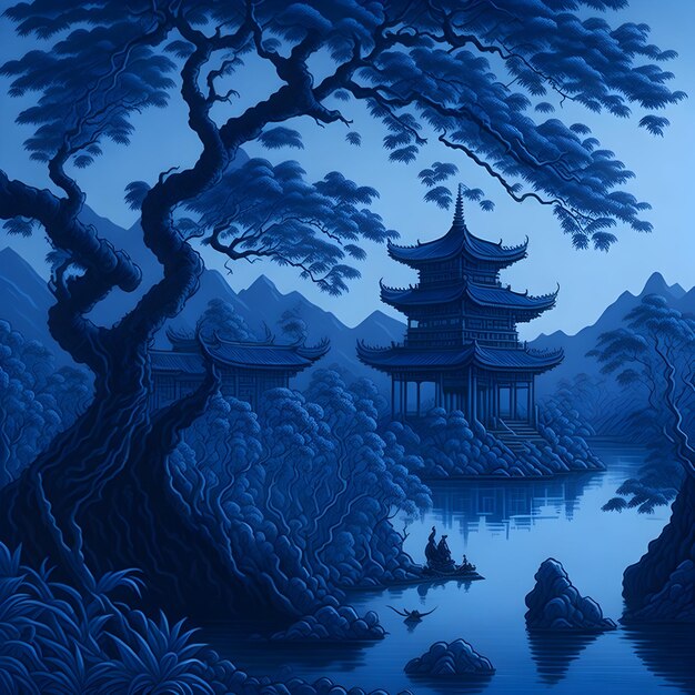 een schilderij van een oud Ming China met bomen, bergen en een hut