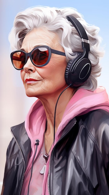 Een schilderij van een oudere vrouw met een koptelefoon op
