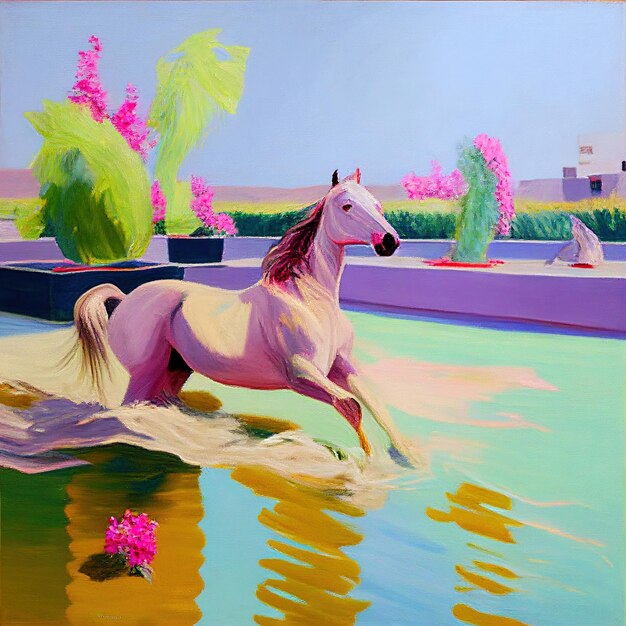 een schilderij van een paard in een water met bloemen op de achtergrond.