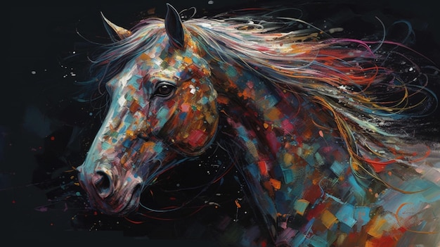 Een schilderij van een paard met een regenboog van kleuren.