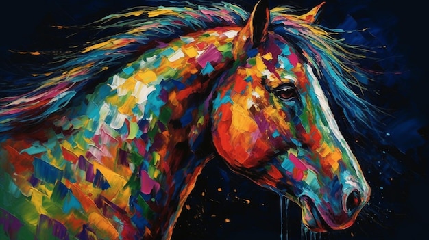 Een schilderij van een paard met een regenboogkleurige verf.