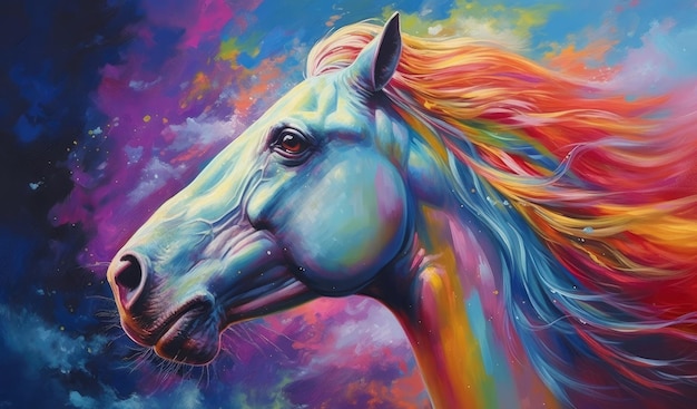 Een schilderij van een paard met regenboogmanen.