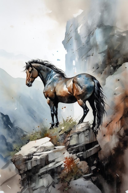 Een schilderij van een paard op een klif