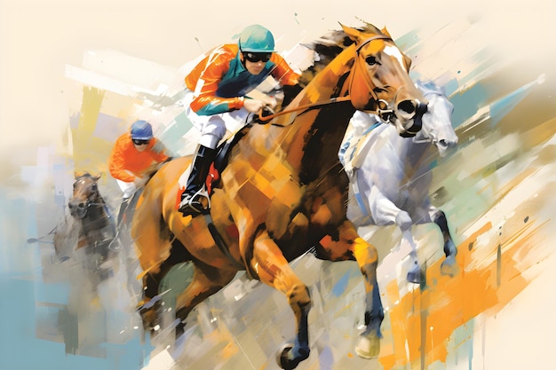 Een schilderij van een paarden- en jockeyrace.