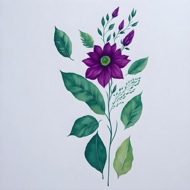 Een schilderij van een paarse bloem met groene bladeren