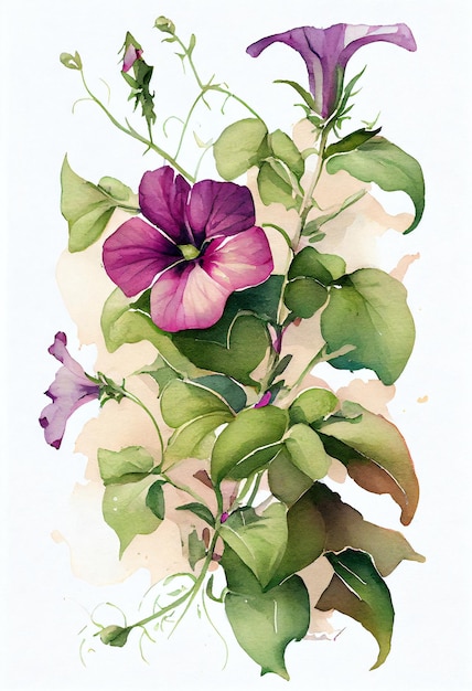 Een schilderij van een paarse en groene bloem met groene bladeren.
