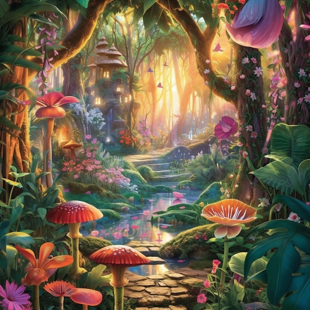 een schilderij van een pad door een bos met veel paddenstoelen generatieve ai