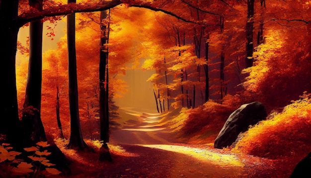 Een schilderij van een pad in de herfst