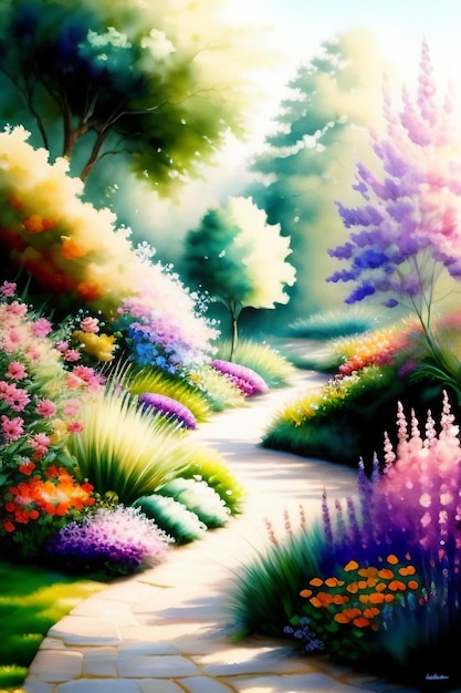 Een schilderij van een pad in de tuin