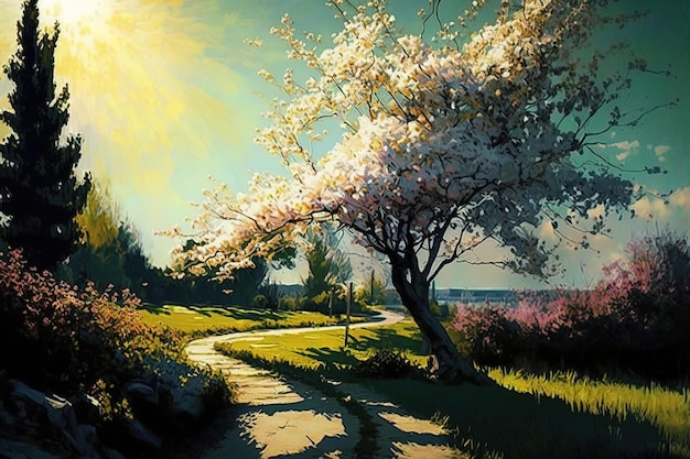 Een schilderij van een pad met een boom waarop de zon schijnt.