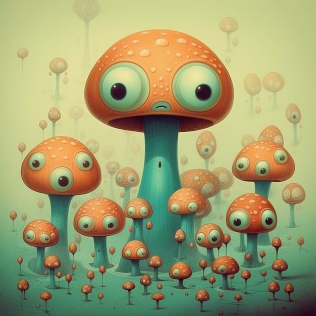 Een schilderij van een paddenstoel met een gezicht en ogen en een gezicht met ogen en een groene achtergrond.