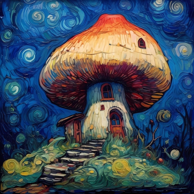 Foto een schilderij van een paddenstoel met een huisje in van gogh stijl