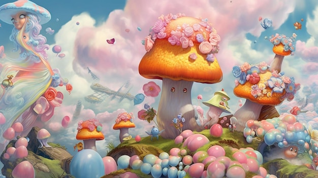 Een schilderij van een paddenstoel met een roze bloem erop